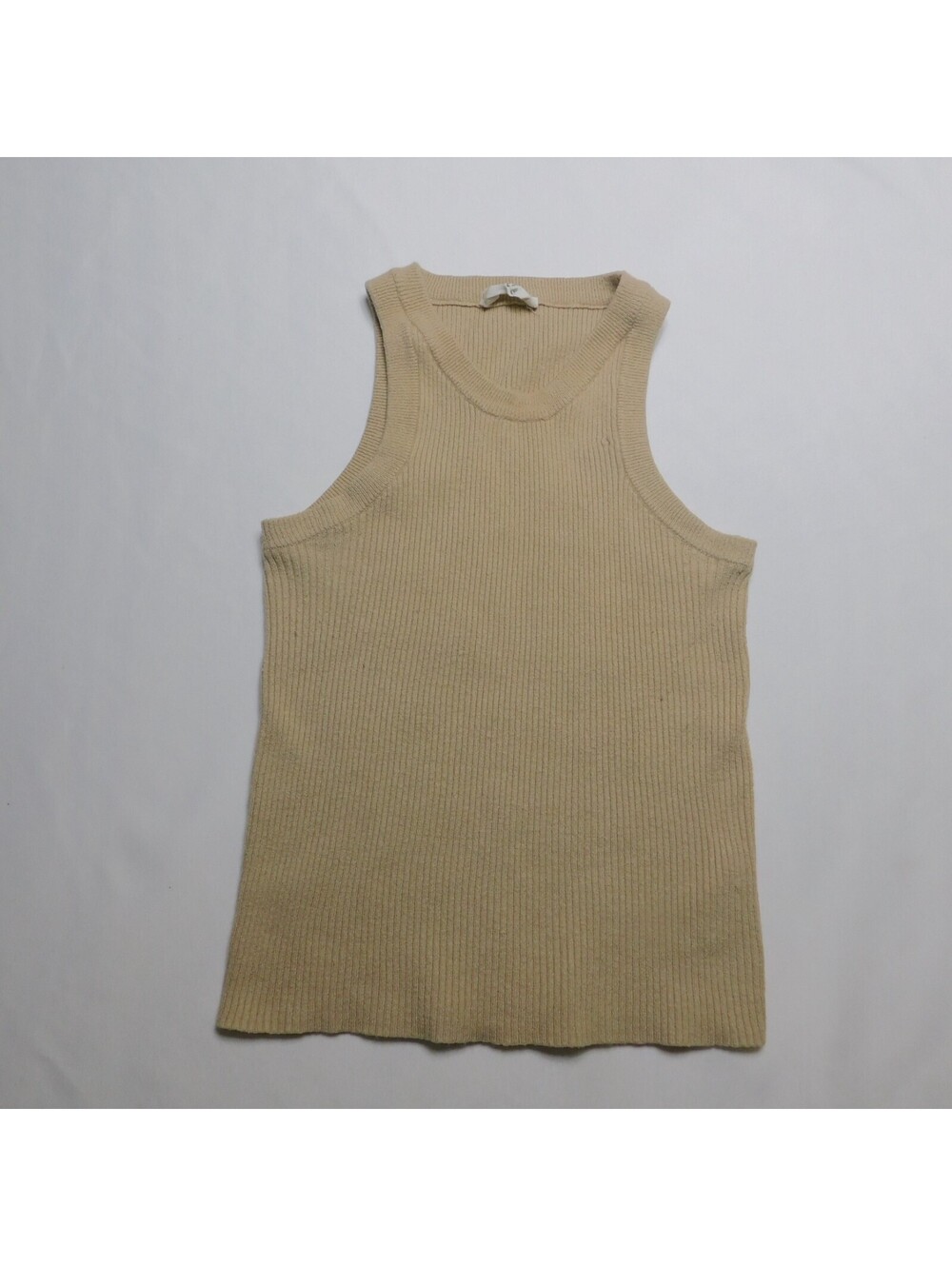 Double Zero Ribbed Knit Sweater Tank Top High Neck Sleeveless Beige Tan Large